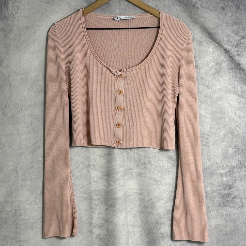 Zara Crop Top Sweater Womens Sz M Pink Ribbed Bell Sleeve Button Coquette